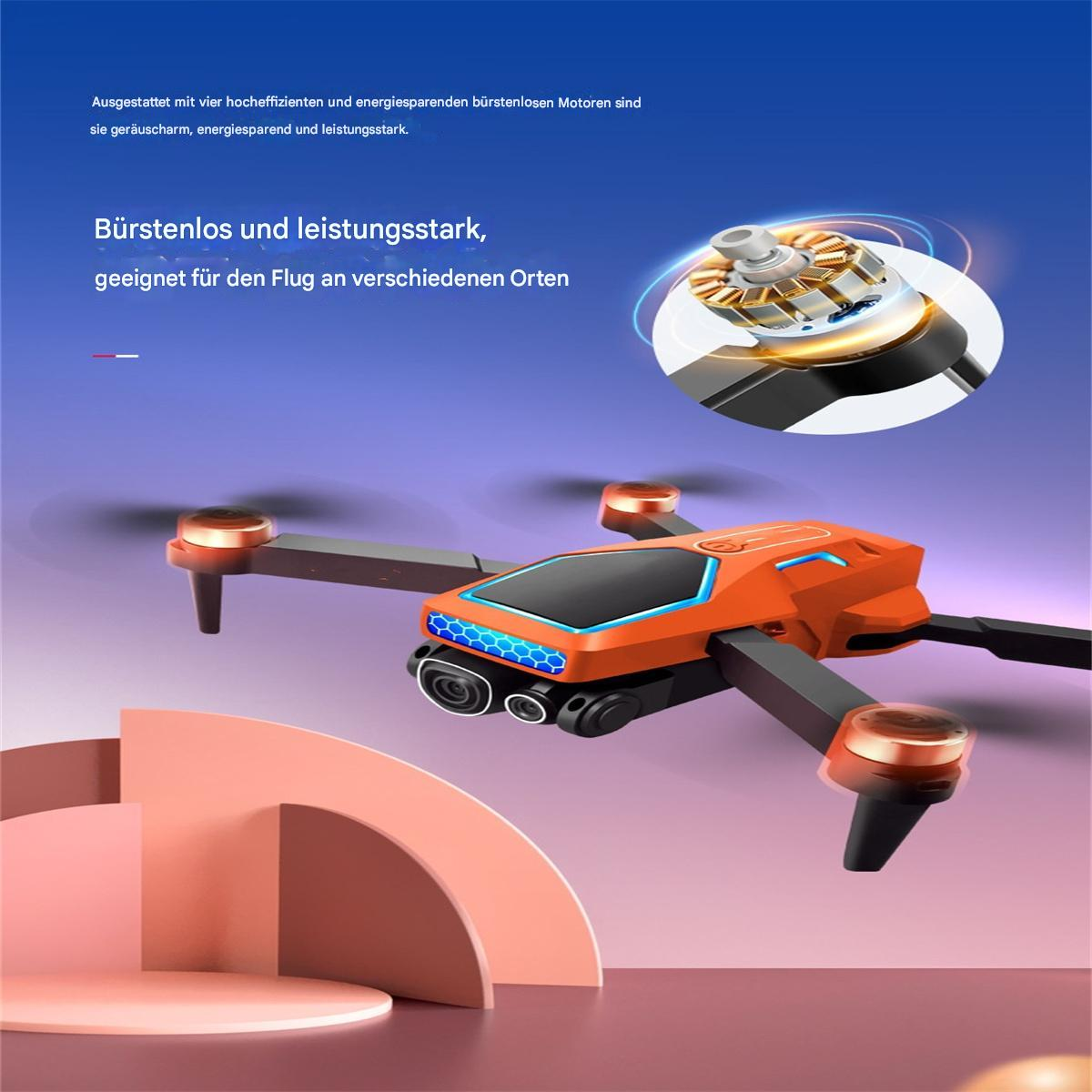 Eine orangefarbene und schwarze Drohne mit Kamera und Text, der ihre Eigenschaften und ihren Motor beschreibt.