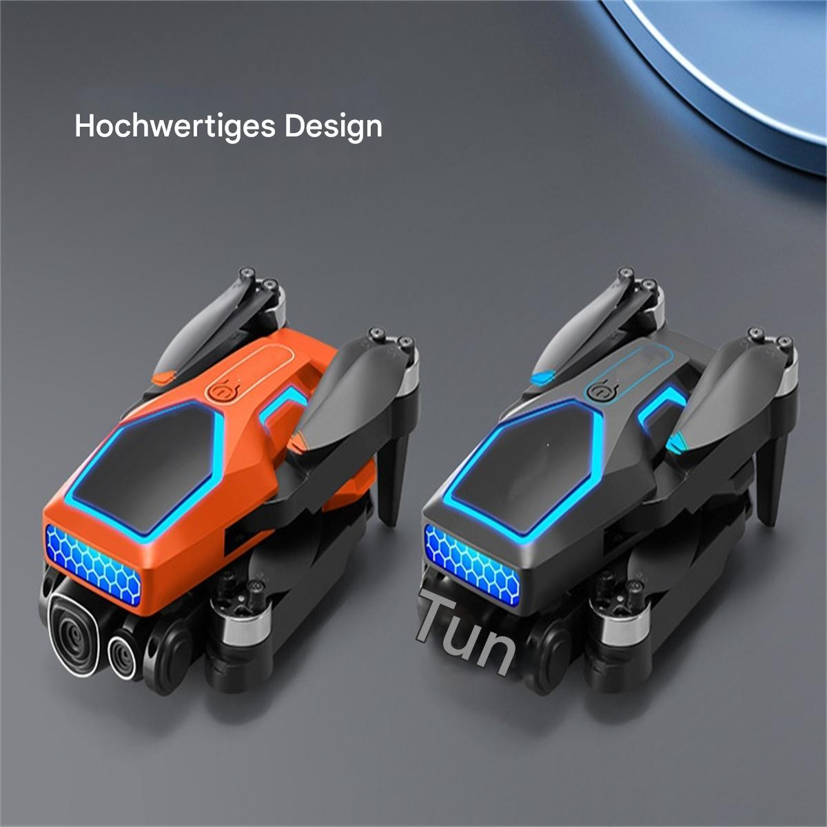 Zwei Drohnen, orange und schwarz, mit Kameras. Text, 'Hochwertiges Design', und 'Tun' sind vorhanden.
