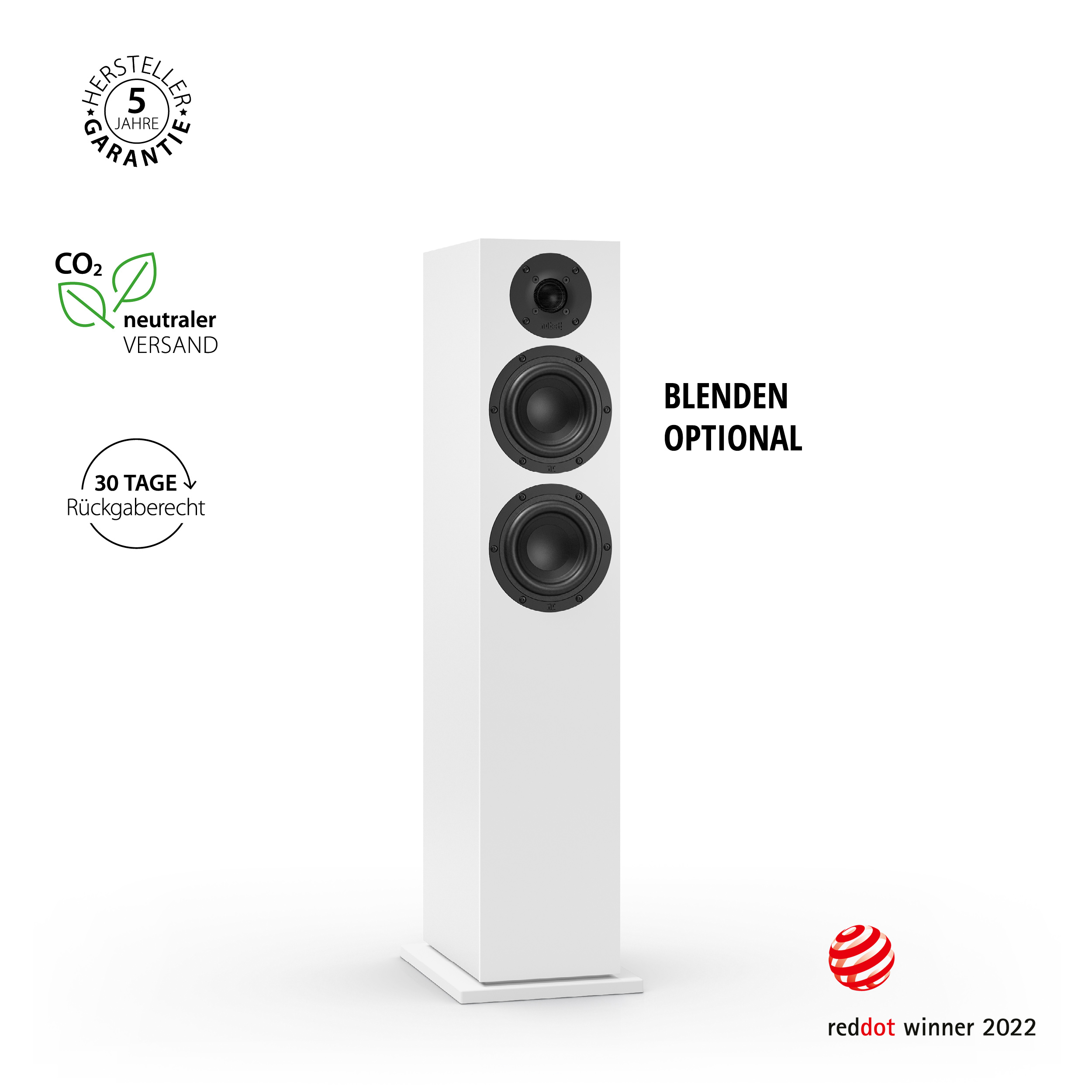 Weißer Lautsprecherturm. Etiketten und Logos sind sichtbar. Reddot Gewinner 2022 unten.