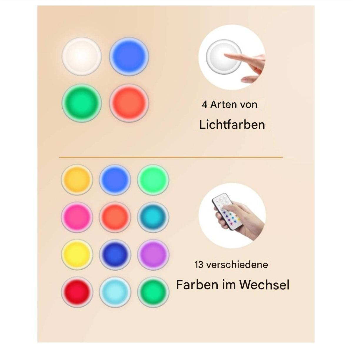 Zwei Sätze farbiger Kreise. Ein Satz hat 4 Farben, der andere 13, mit einer Fernbedienung.