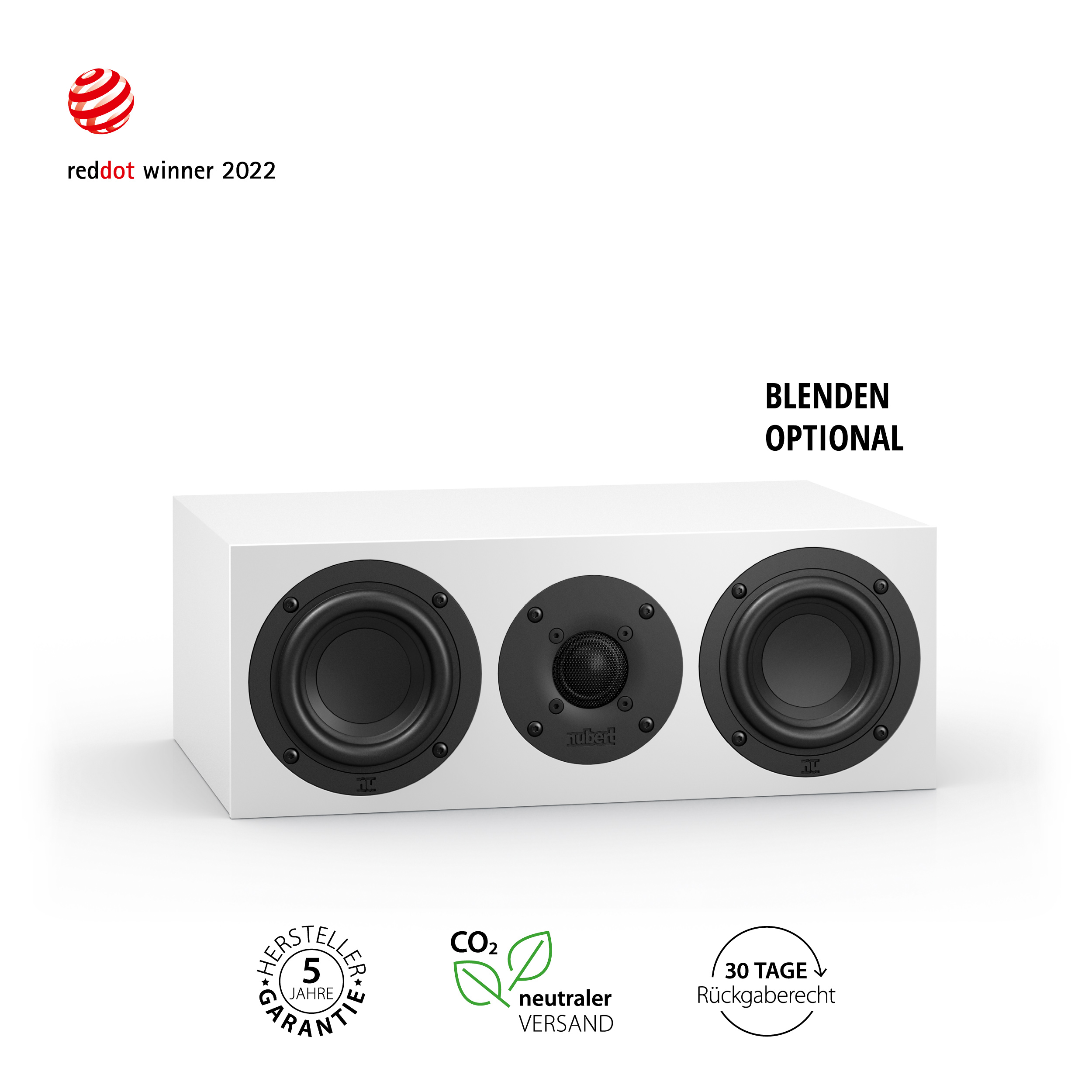 Weißer Soundbar mit drei schwarzen Lautsprechern. Red Dot Gewinner 2022 und Text 'Blend Optional' werden angezeigt.