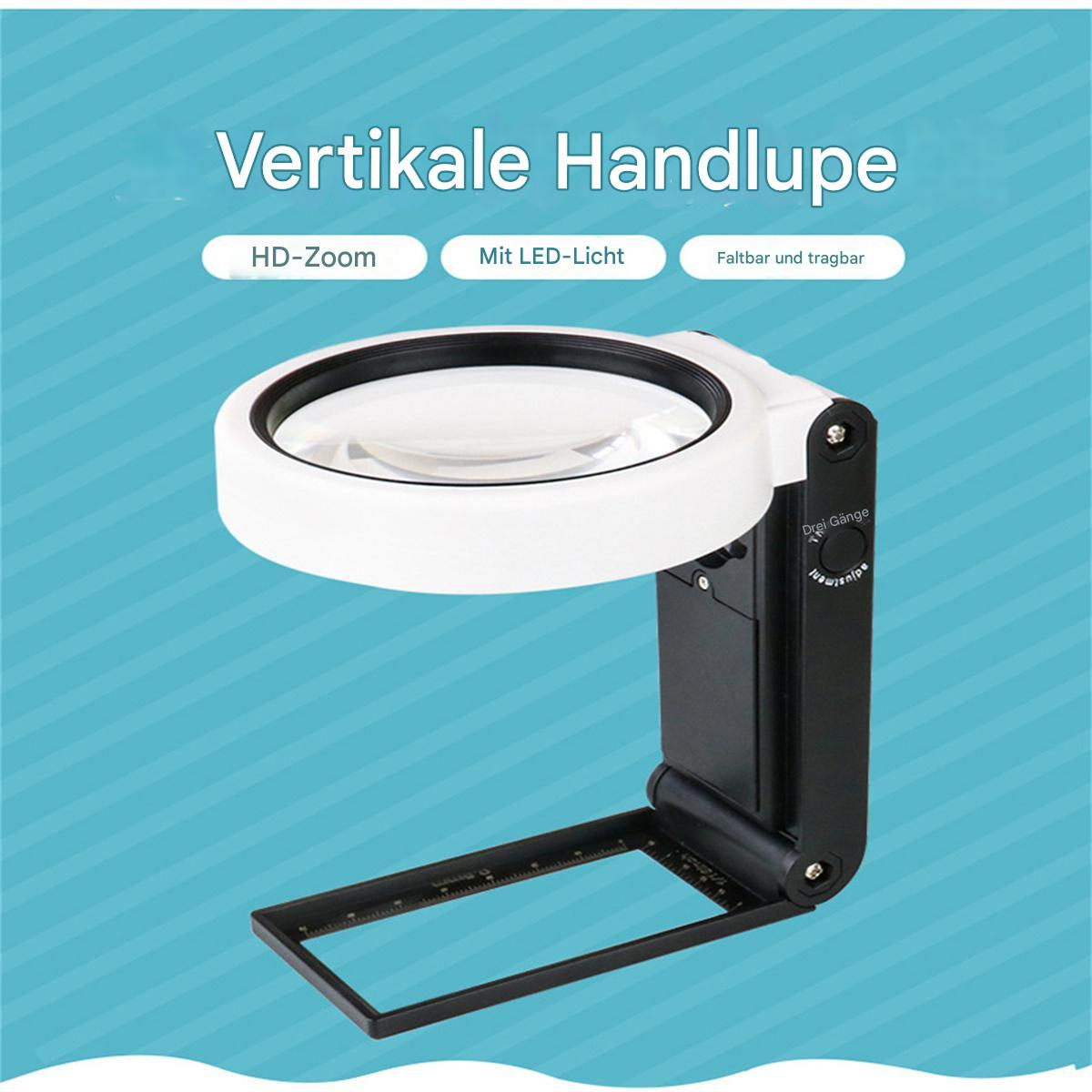 Eine vertikale Lupe in Weiß und Schwarz mit LED-Licht, auf blauem Hintergrund.
