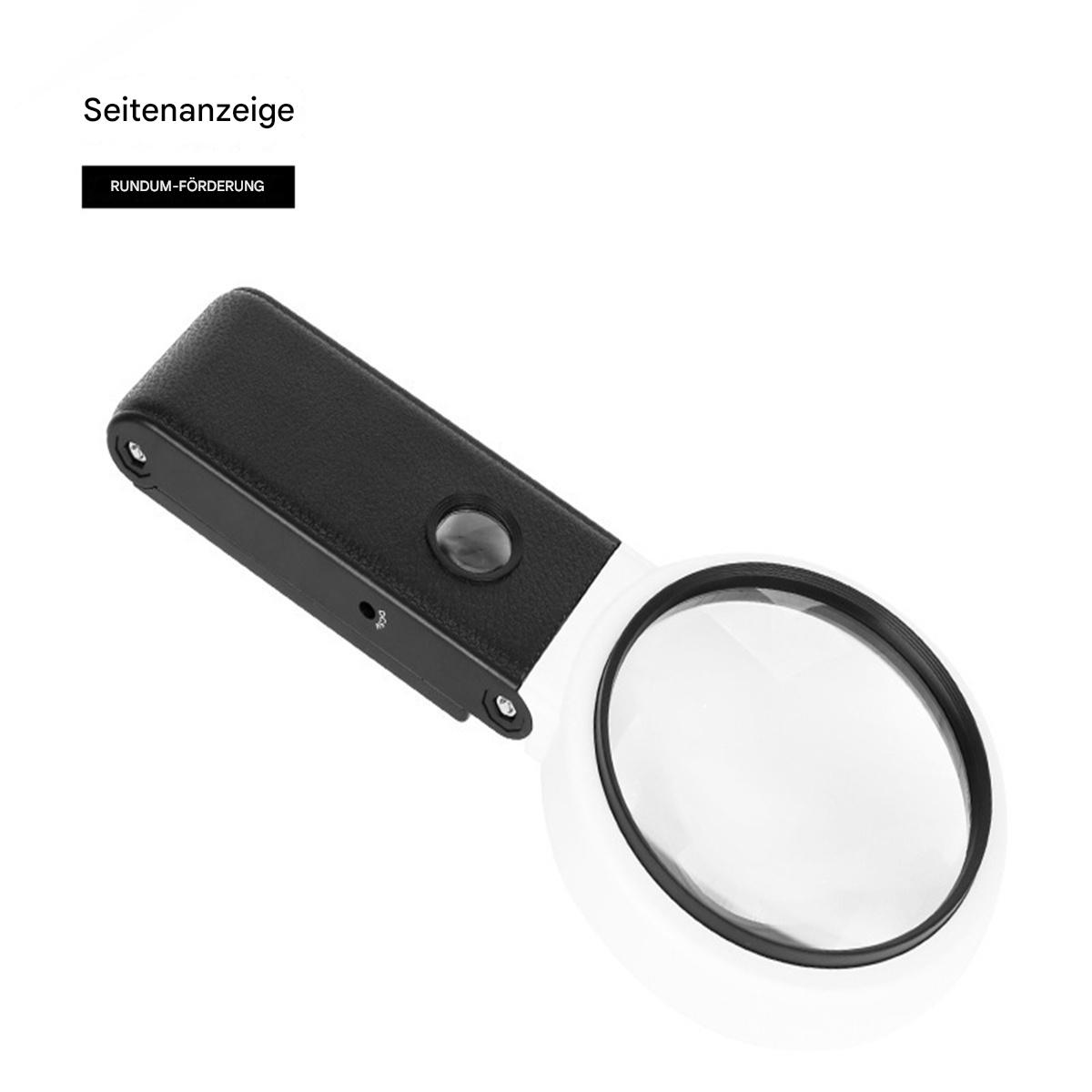 Eine weiß-schwarze Lupe mit schwarzem Ledergriff.