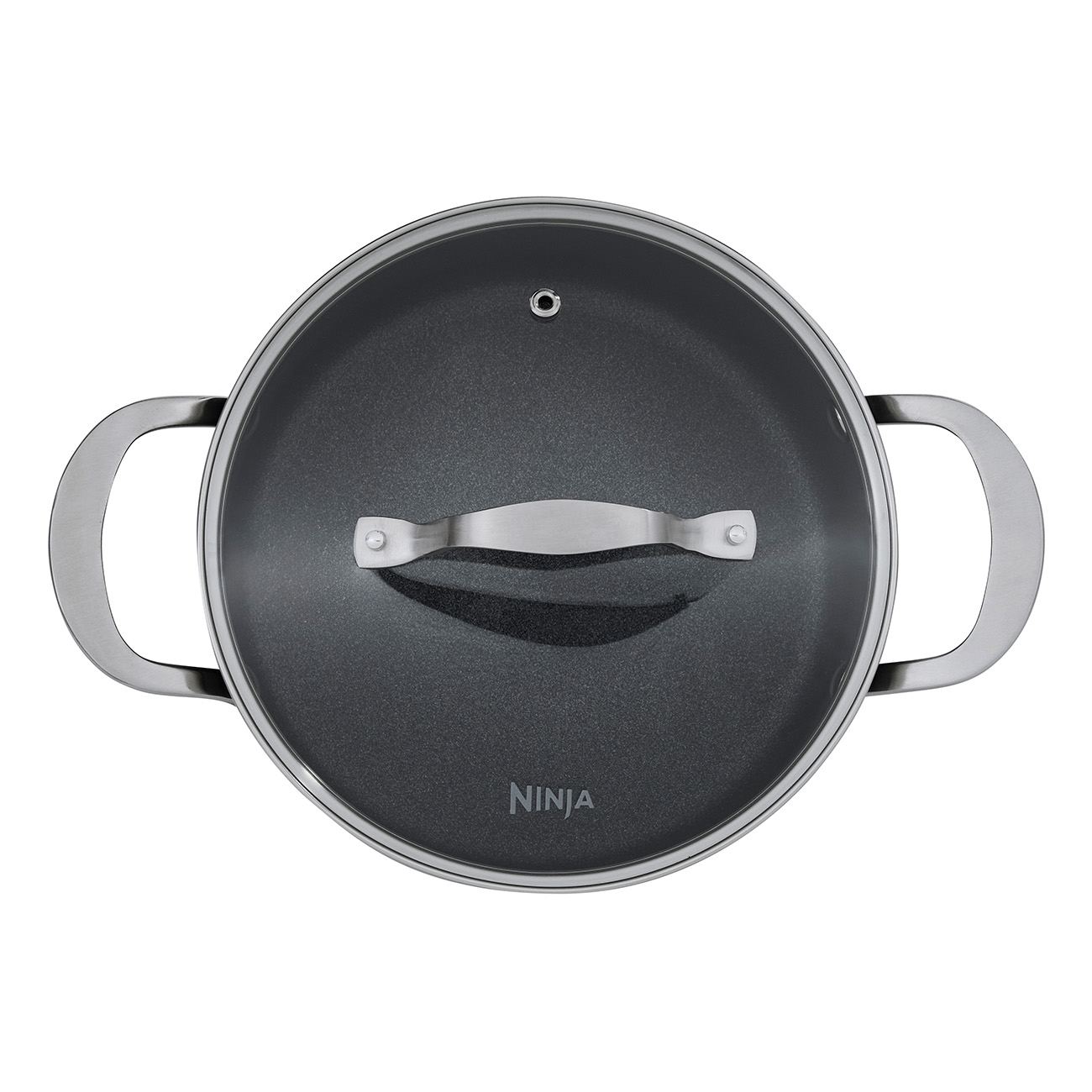 Vue de dessus d'une casserole Ninja noire avec un couvercle transparent et des poignées argentées.