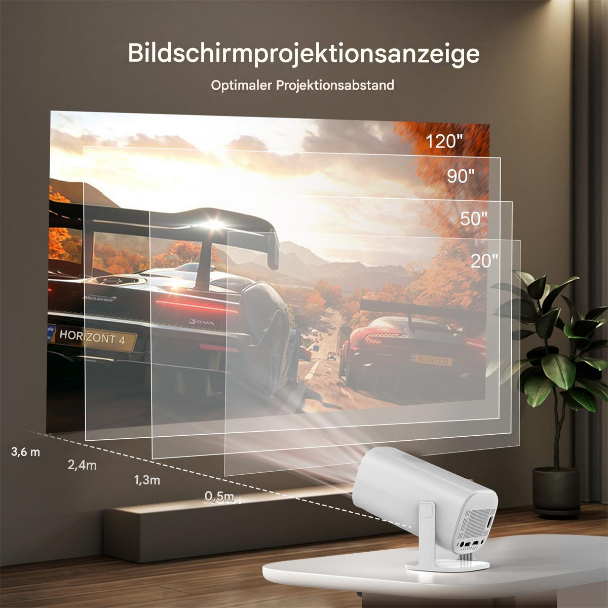 Projektor auf einem Tisch, der ein Rennspiel an einer Wand anzeigt, mit Bildschirmgrößen von 20" bis 120" und Entfernungen.