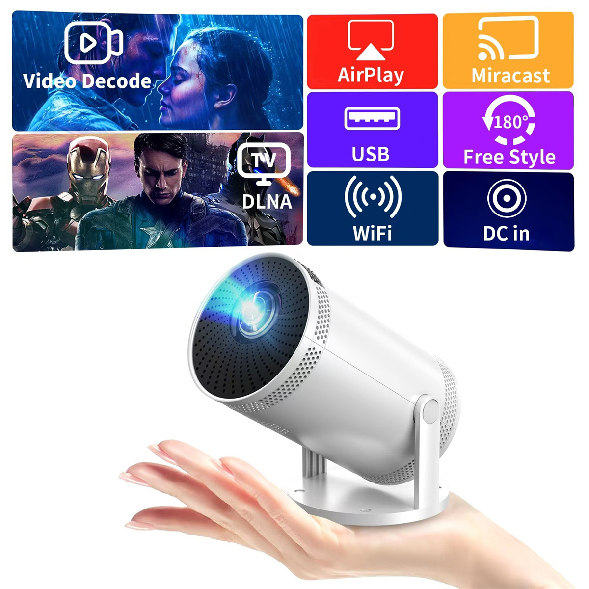 Weißer Projektor, gehalten von einer Hand, umgeben von Icons für Streaming-Optionen.