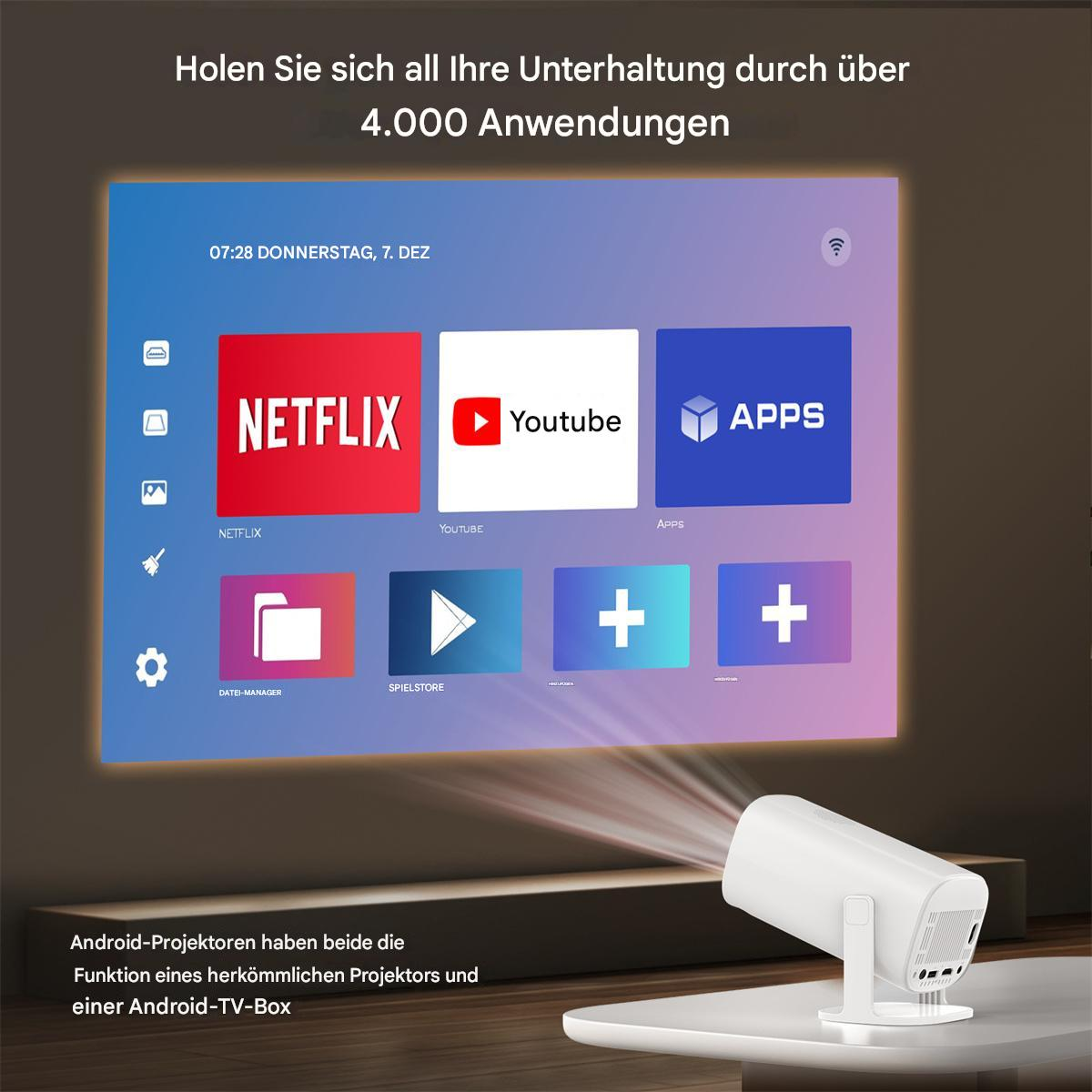 Ein weißer Projektor projiziert einen Bildschirm mit den Logos von Netflix, YouTube und Apps.