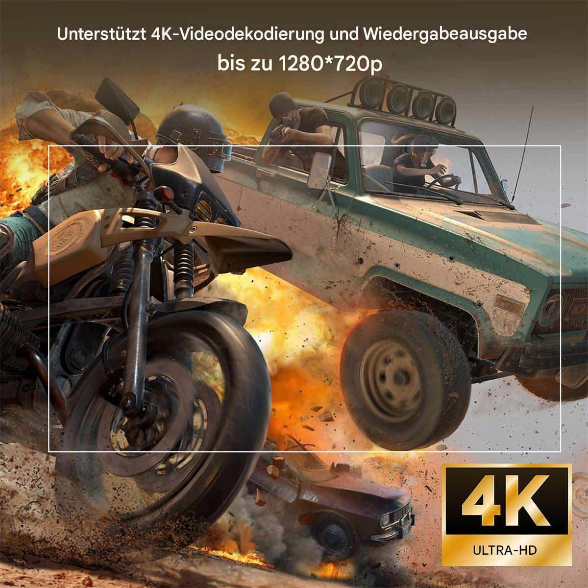 Bild mit einer Verfolgungsjagd. Text: Unterstützt 4K-Videodekodierung und -wiedergabe bis zu 1280*720p. 4K-Logo.