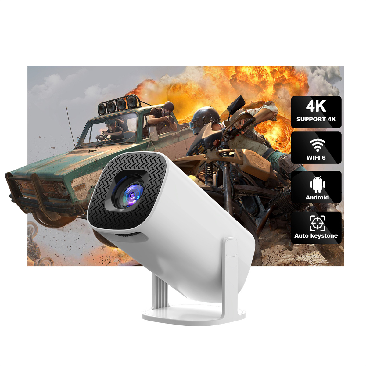Ein weißer Projektor mit einem Bildschirm, der eine Verfolgungsjagd zeigt, und Symbolen für 4K, WiFi, Android.
