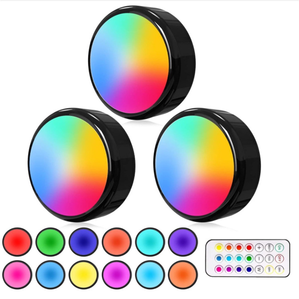 Drei runde RGB-LED-Leuchten und eine Fernbedienung. Jedes Licht hat einen farbenfrohen Farbverlauf. Der Hintergrund ist weiß.