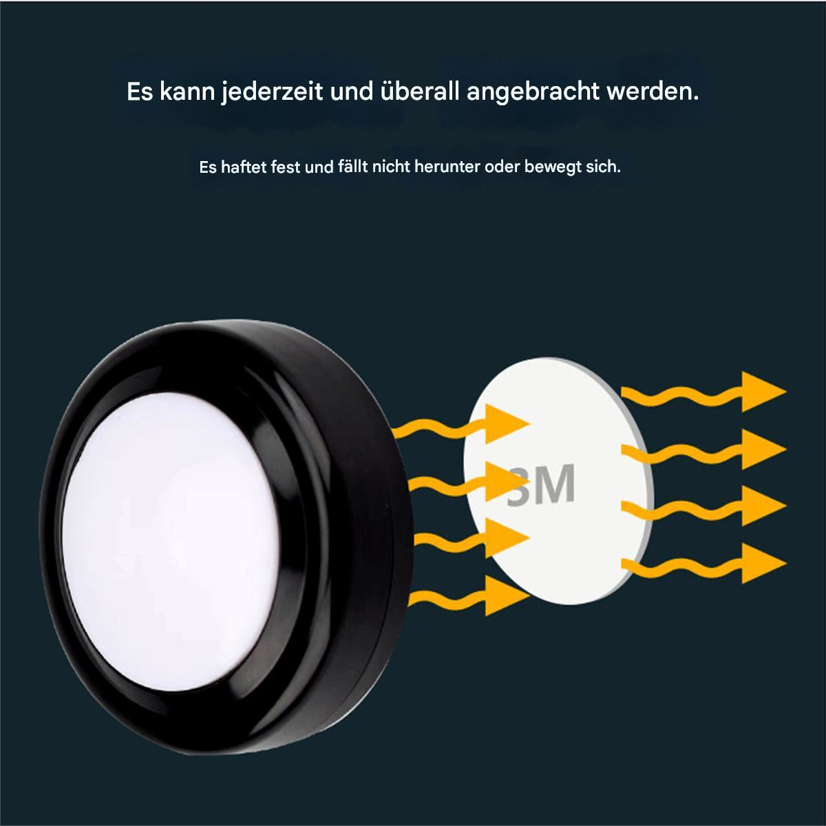 Ein schwarzes, kreisförmiges LED-Licht mit einer weißen Scheibe und Text: Es kann jederzeit und überall angebracht werden.