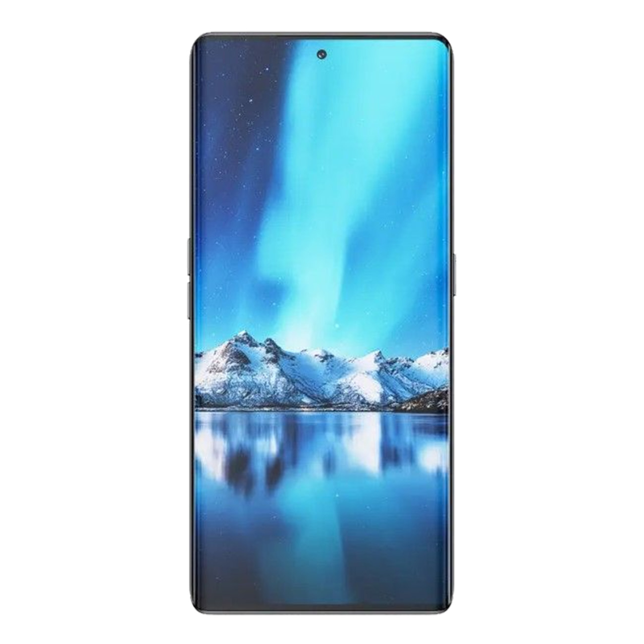 Smartphone mit blauem Nordlicht-Hintergrund, vor weißem Hintergrund.