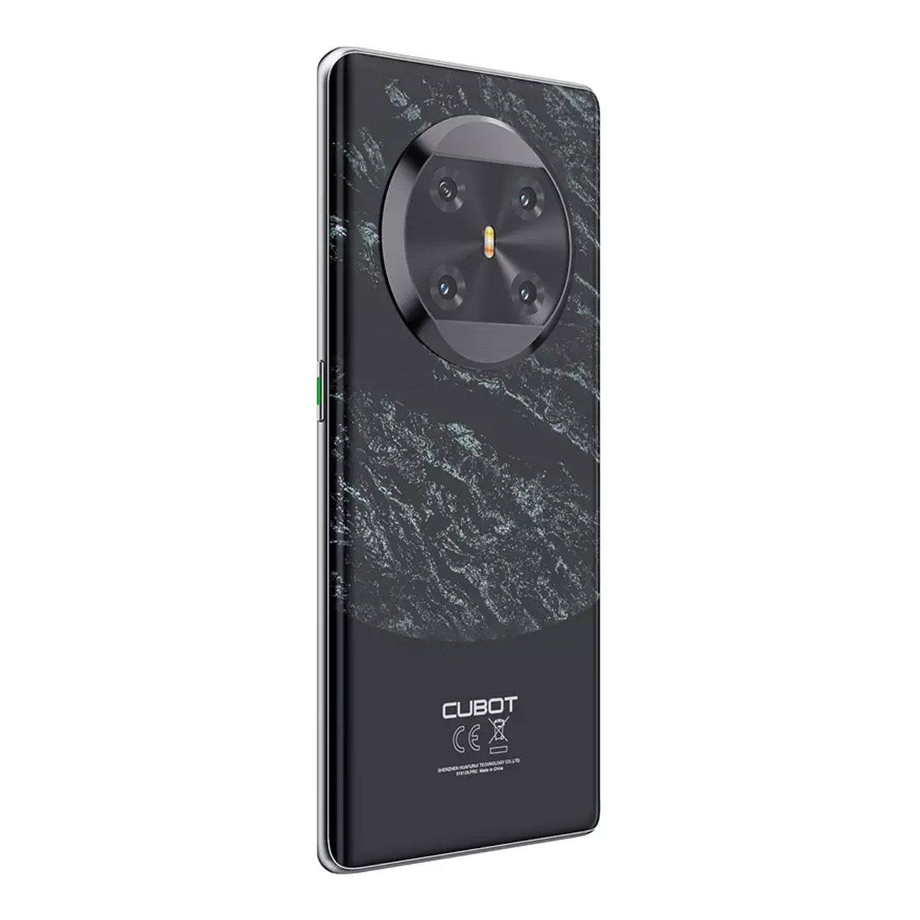 Schwarzes Telefon mit Marmor-Design. Das Telefon hat mehrere Rückkameras und einen silbernen Rahmen.