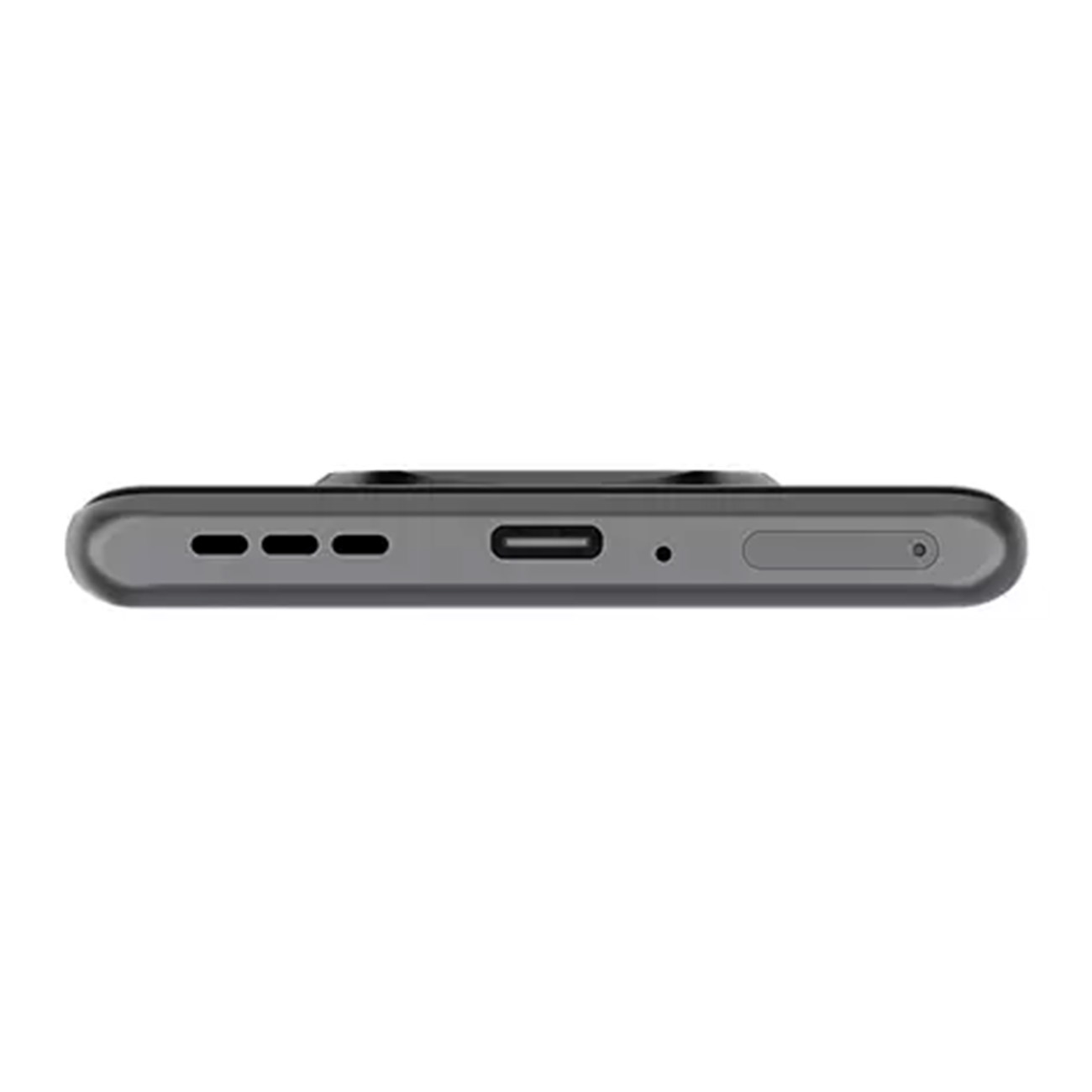 Die Unterseite eines dunkelgrauen Smartphones mit Ladeanschluss und anderen kleinen Öffnungen ist sichtbar.