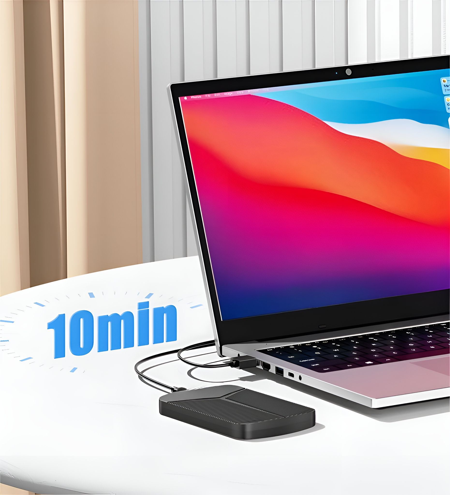 Laptop mit externer Festplatte, die geladen wird, mit einer Zeitleiste, die 10 Minuten anzeigt.