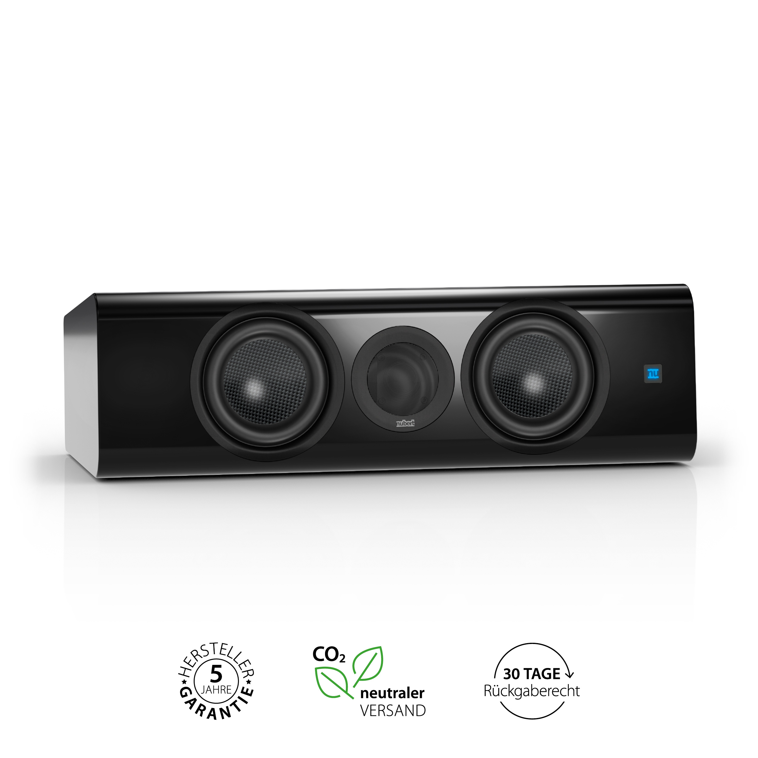 Ein schwarzer Soundbar-Lautsprecher mit drei kreisförmigen Lautsprechern, auf weißem Grund, vorne.
