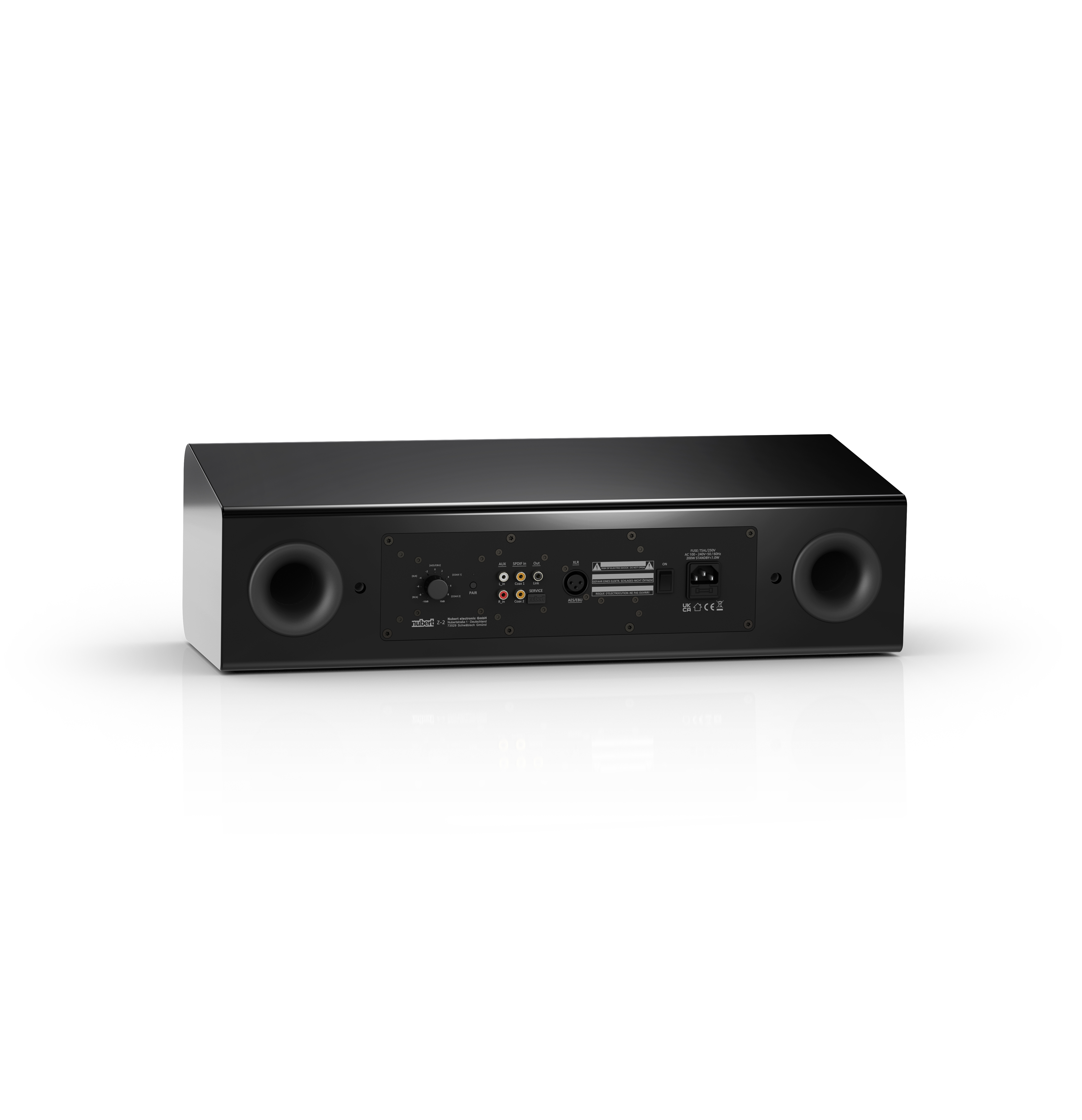 Schwarzer Subwoofer mit Lautsprechergittern an den Seiten und Eingangs-/Ausgangsanschlüssen auf der Rückseite.