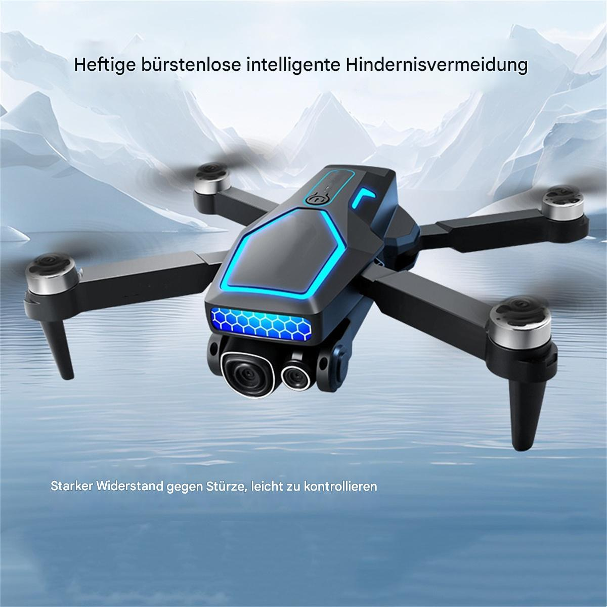 Eine Drohne mit blauen Lichtern fliegt in der Luft. Text über Hindernisvermeidung und Stabilität.