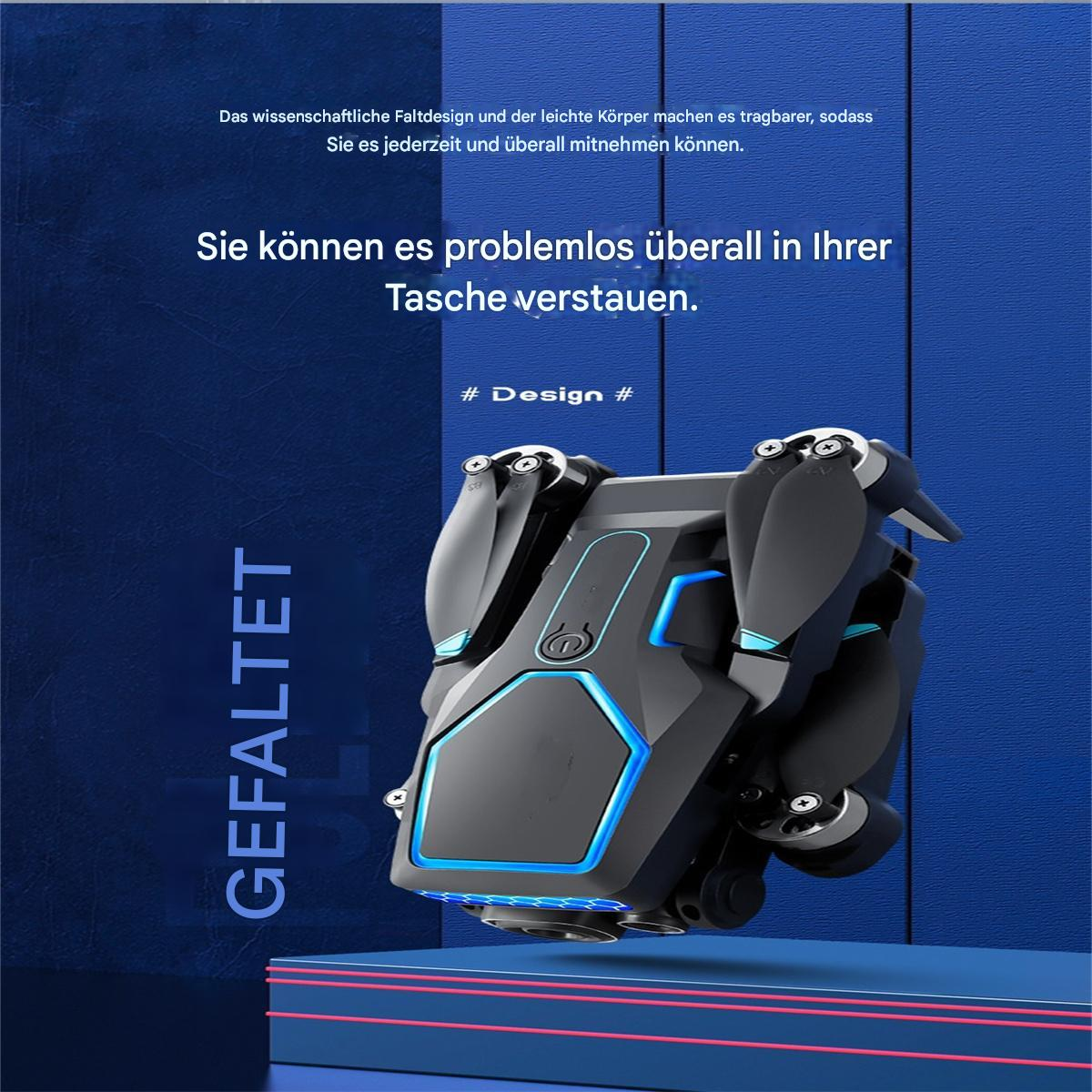Faltbare Drohne auf blauem Hintergrund mit Text. Die Drohne ist schwarz mit blauen Akzenten. Text ist weiß.