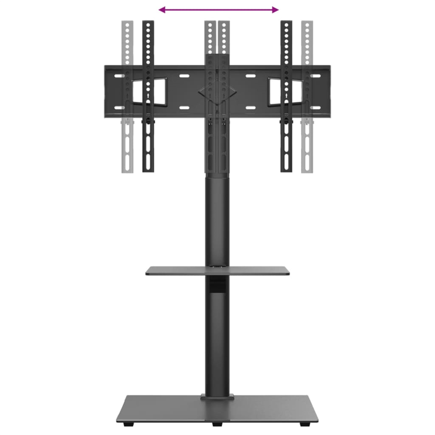 Ein schwarzer TV-Ständer wird gezeigt. Er hat eine Basis, eine Mittelsäule und ein verstellbares System.