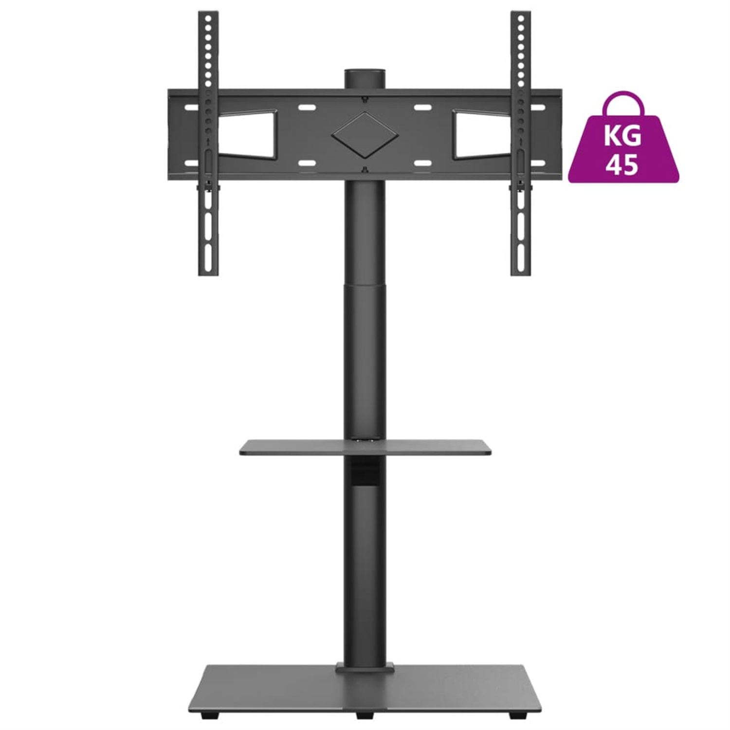 Ein schwarzer TV-Ständer. Er hat einen Sockel, eine vertikale Stange und ein Regal. Max. Gewicht 45 kg.