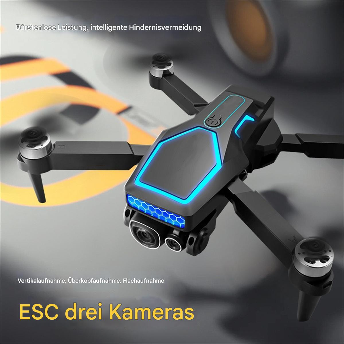 Schwarze Drohne mit blauen Lichtern, drei Kameras und Fahrwerk. Text: ESC drei Kameras, ESC three cameras.