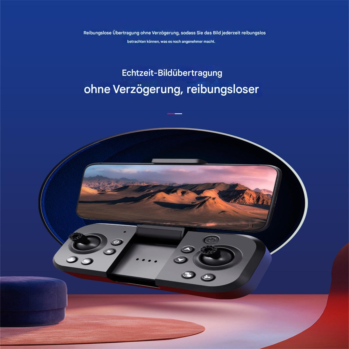 Smartphone mit Controller verbunden, zeigt eine Berglandschaft auf dem Bildschirm.