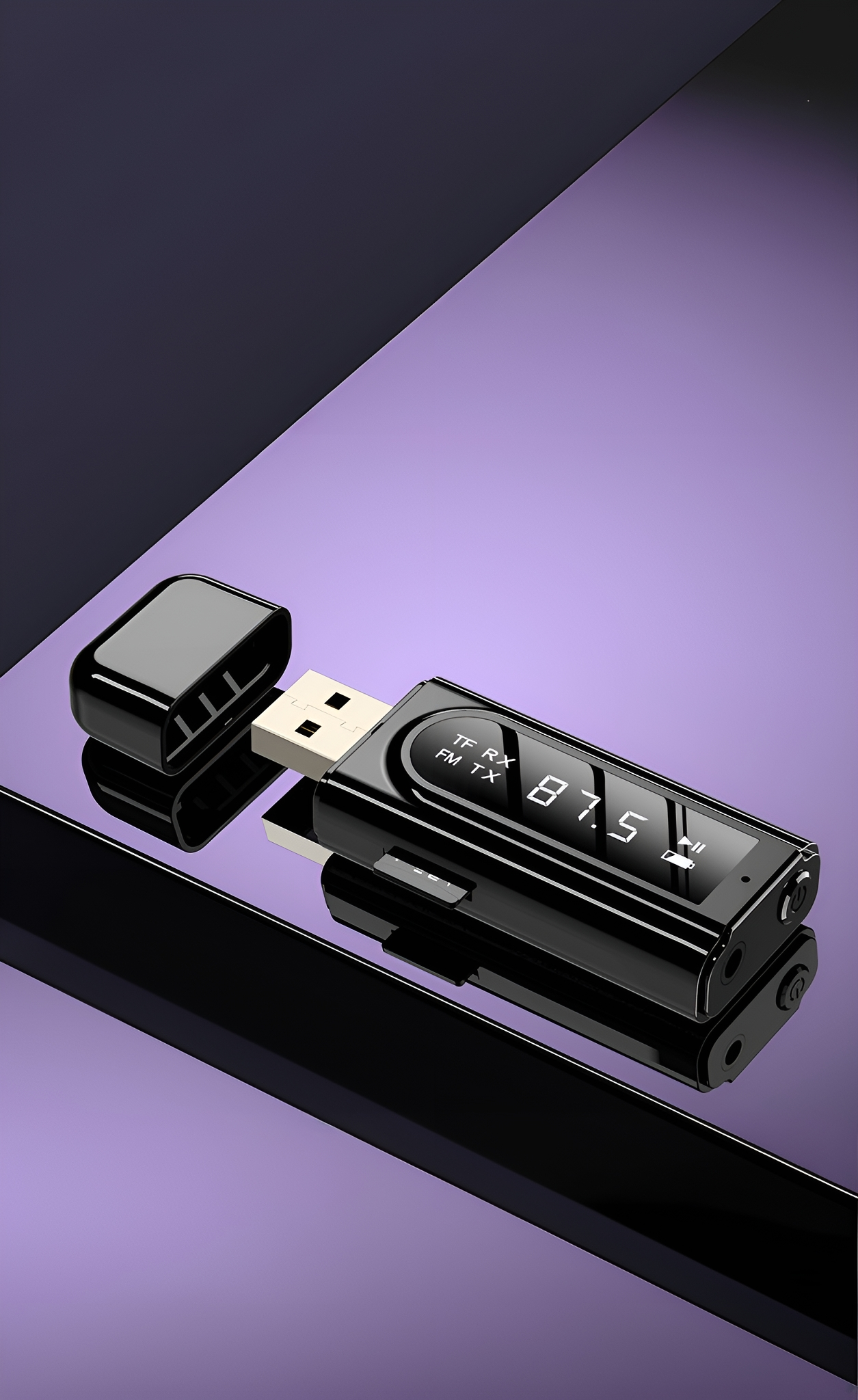 Schwarzes USB-Gerät mit Bildschirm, zeigt 87,5. Schwarze Kappe oben.