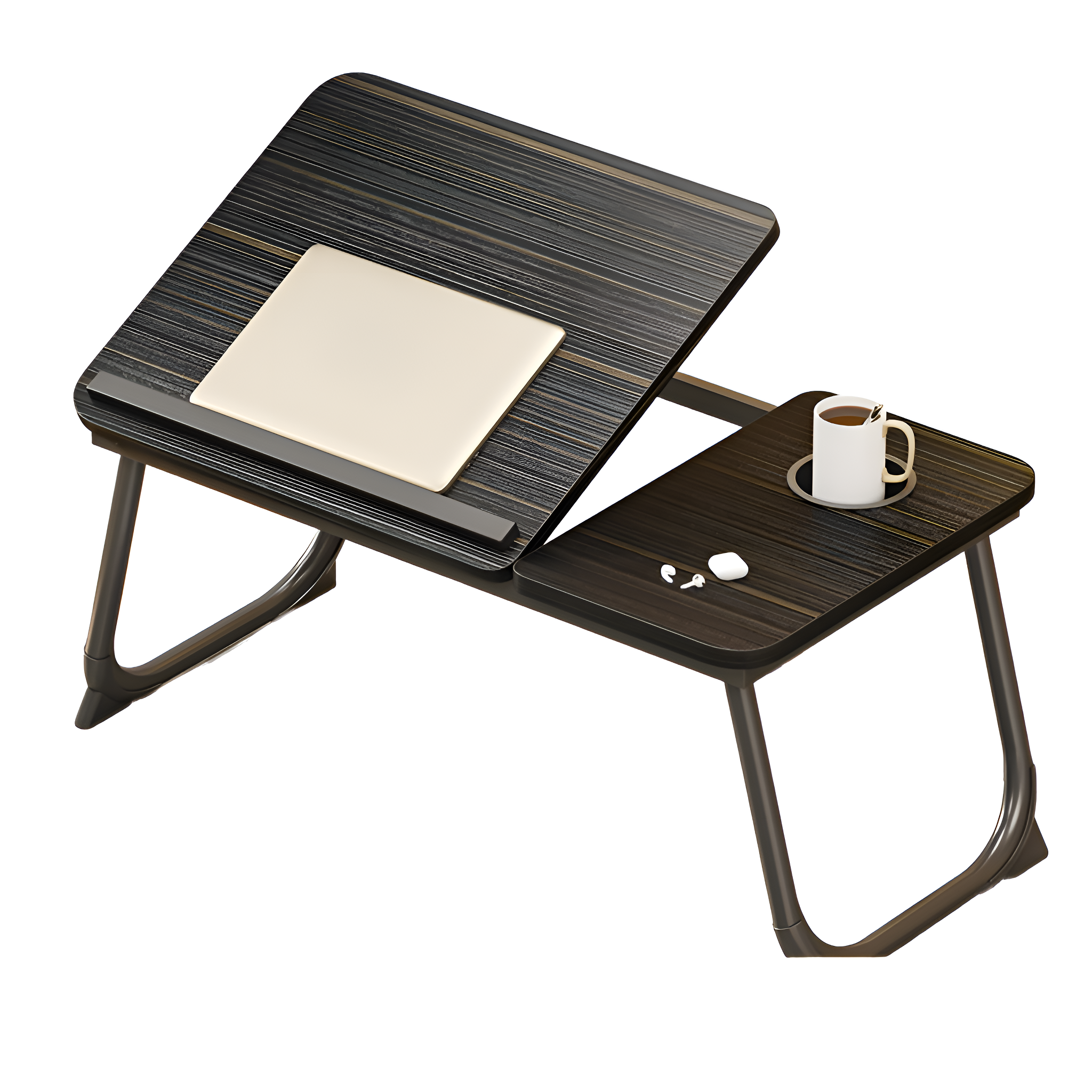 Laptoptisch mit Laptop, Tasse und Ohrhörern. Schwarz mit dunkler Holzstruktur.