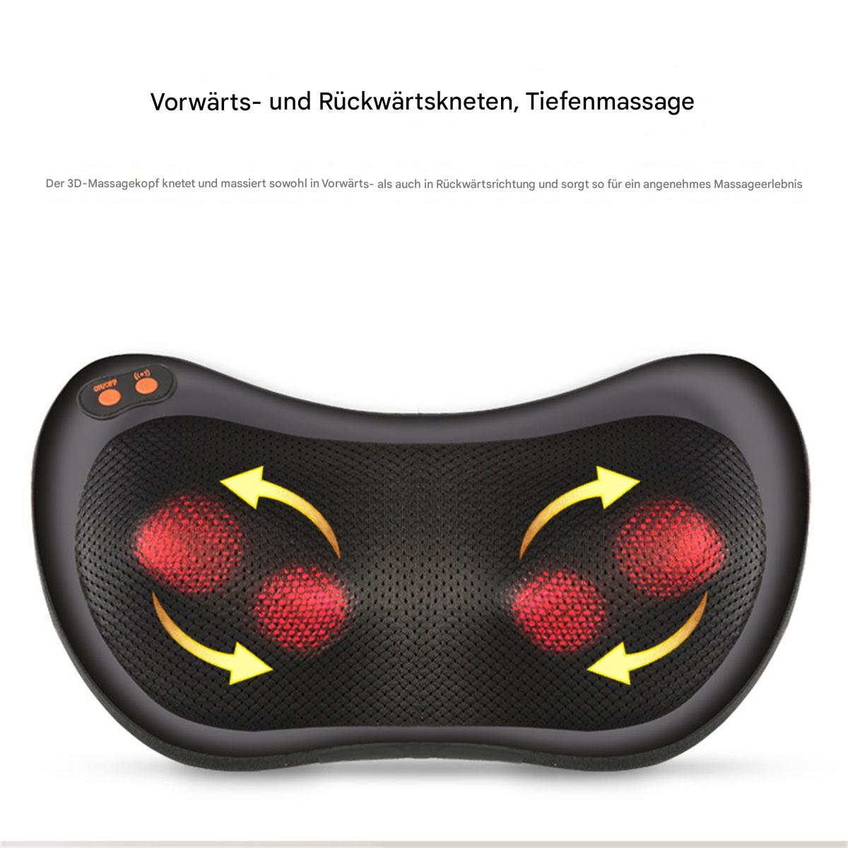 Schwarzes Massagekissen mit roten Massageknoten und gelben Richtungsfeilen, auf weißem Hintergrund.
