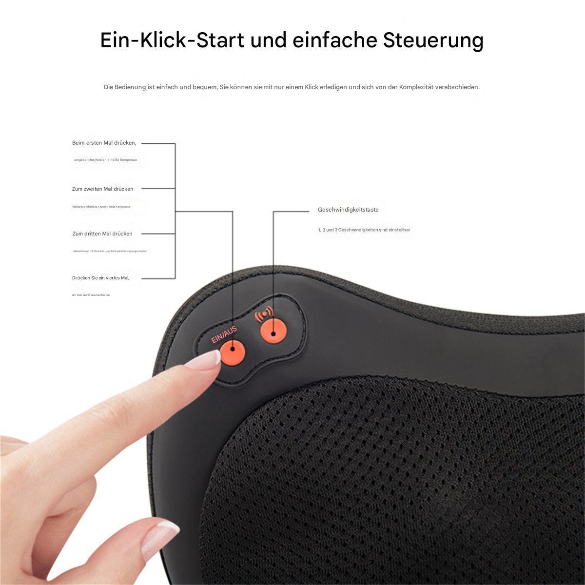 Ein Finger drückt eine Ein/Aus-Taste an einem schwarzen Nackenmassagegerät.