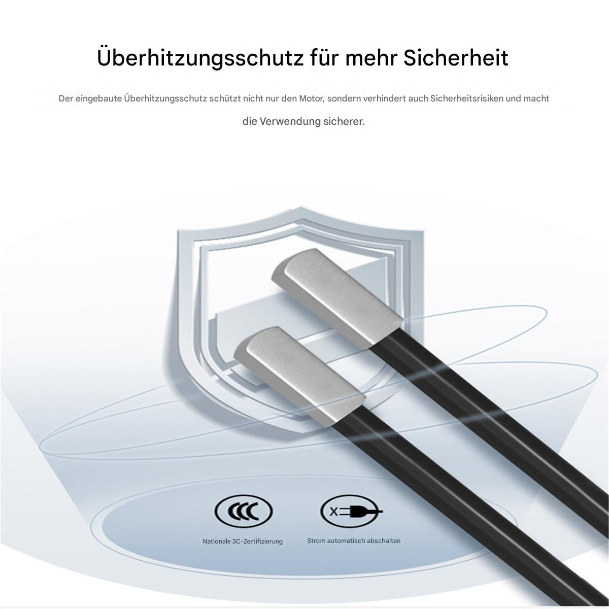 Zwei schwarze Sensorkabel vor einem Schild mit Text. Text: Überhitzungsschutz für mehr Sicherheit.