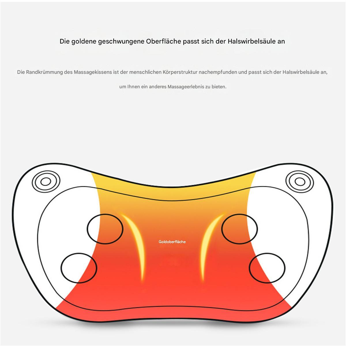 Ein rot-gelbes Massagekissen mit vier kreisförmigen Vertiefungen und zwei seitlichen Kreisen.