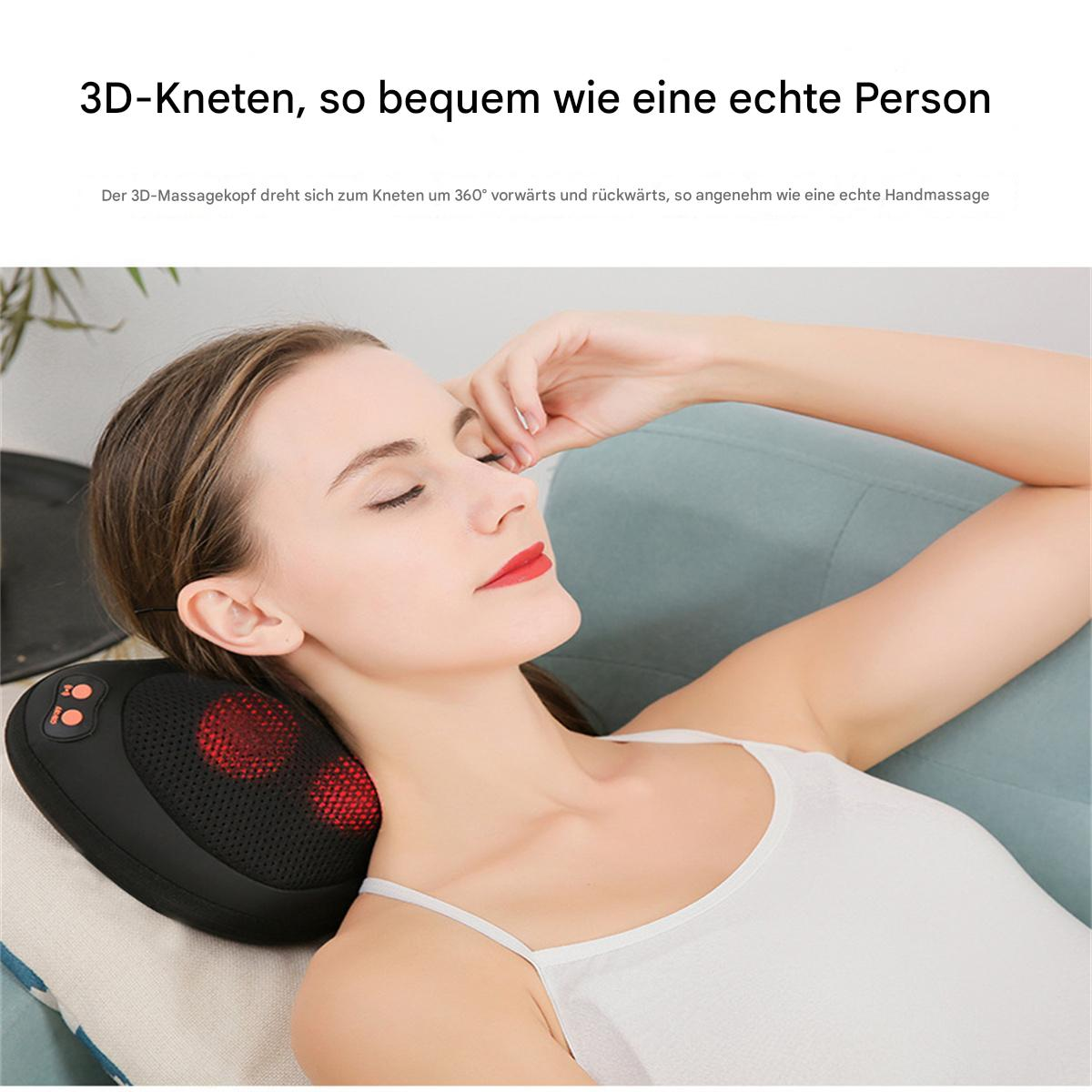 Frau auf dem Sofa mit schwarzem Nackenmassagegerät. Text: 3D-Kneten, wie eine Person.