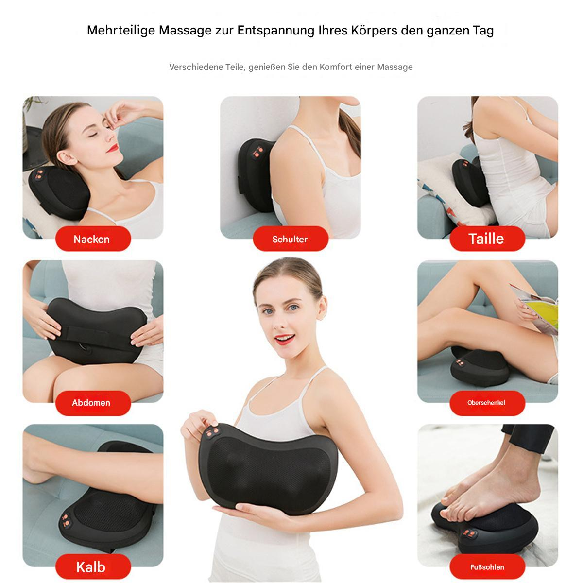 Collage von Massagekissen an verschiedenen Körperteilen. Eine Frau hält eines. Text auf Deutsch.
