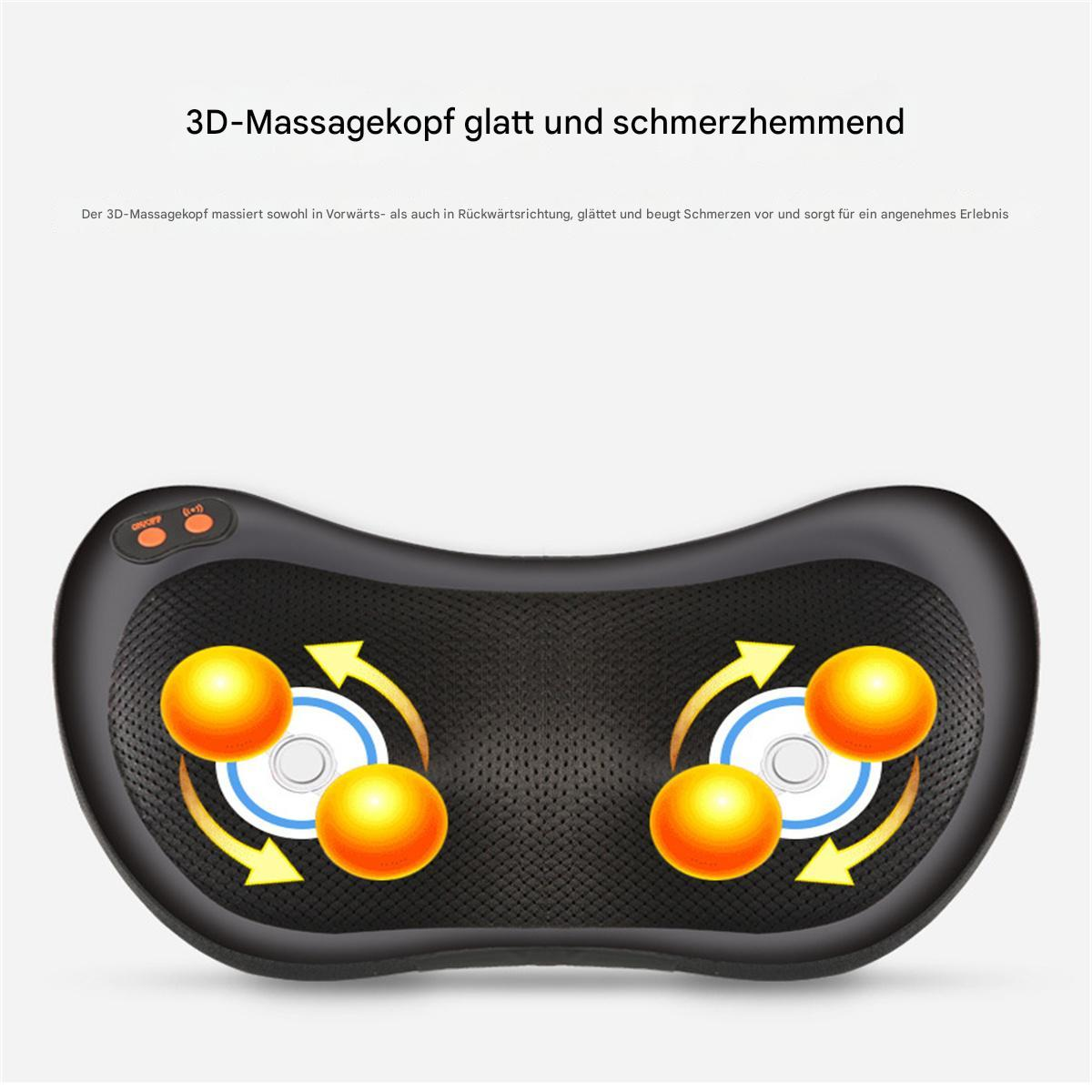 Schwarzes Massagekissen mit orangefarbenen Kugeln und Pfeilen, mit Text darüber.