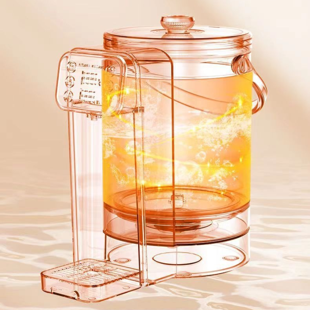 Transparenter Wasserspender, zeigt Wasser und Messanzeige.