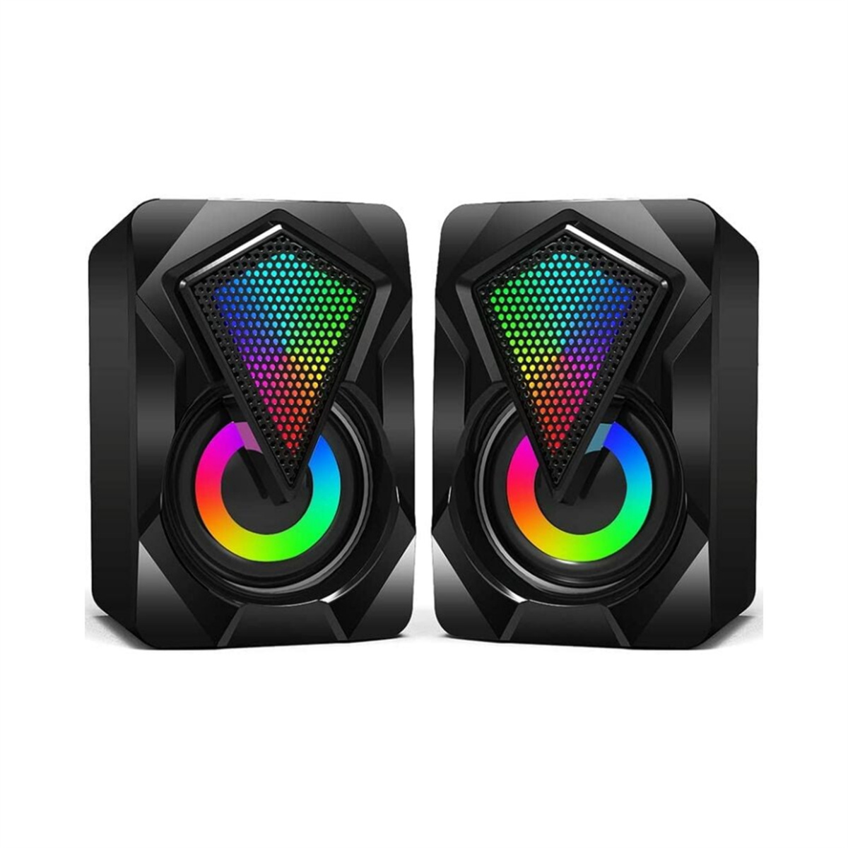 Zwei schwarze Lautsprecher mit Regenbogenfarben. Sie haben ein kreisförmiges Design in der Mitte.