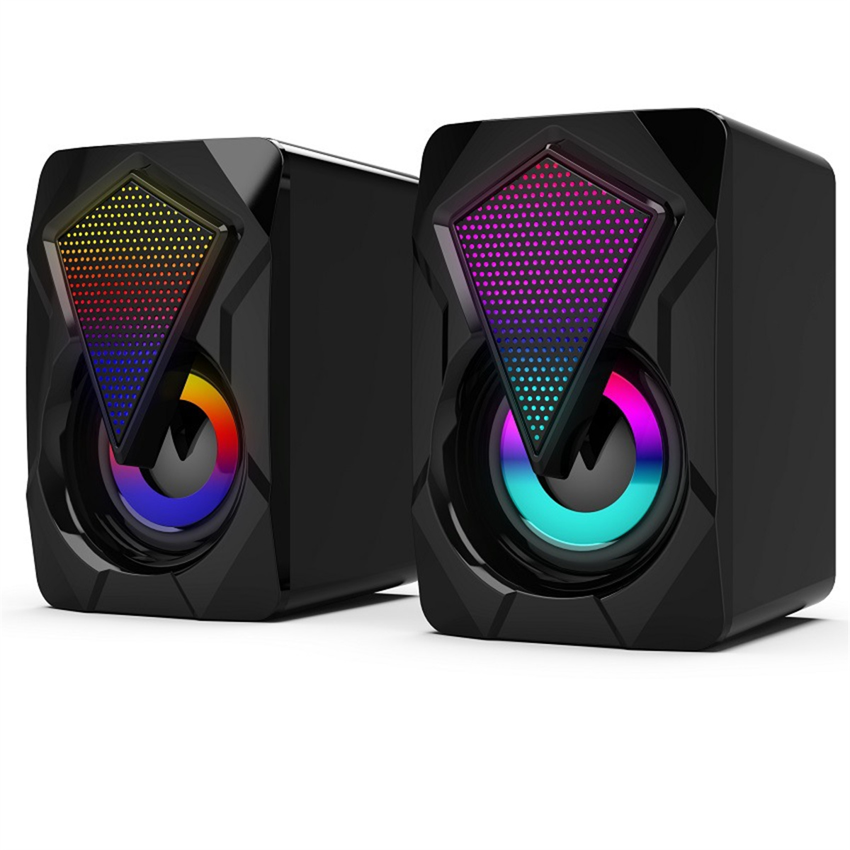 Zwei schwarze Lautsprecher mit bunten Lichtern. Die Lautsprecher haben eine Diamantenform mit Regenbogeneffekt.