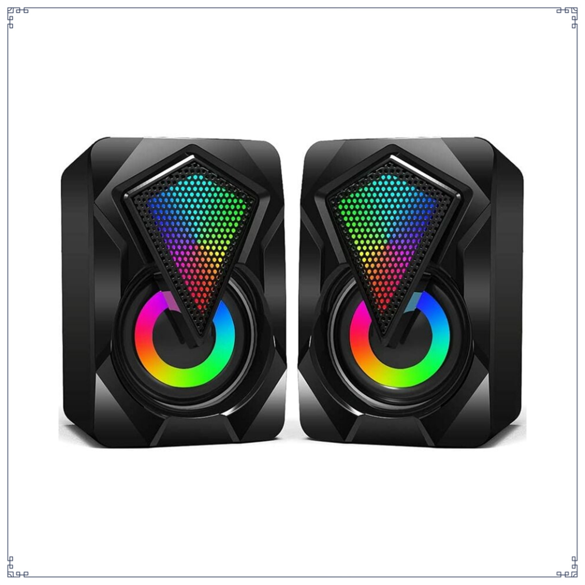 Zwei schwarze Lautsprecher mit RGB-Lichtern und einem zentralen Lautsprecher. Das Design ist eckig.