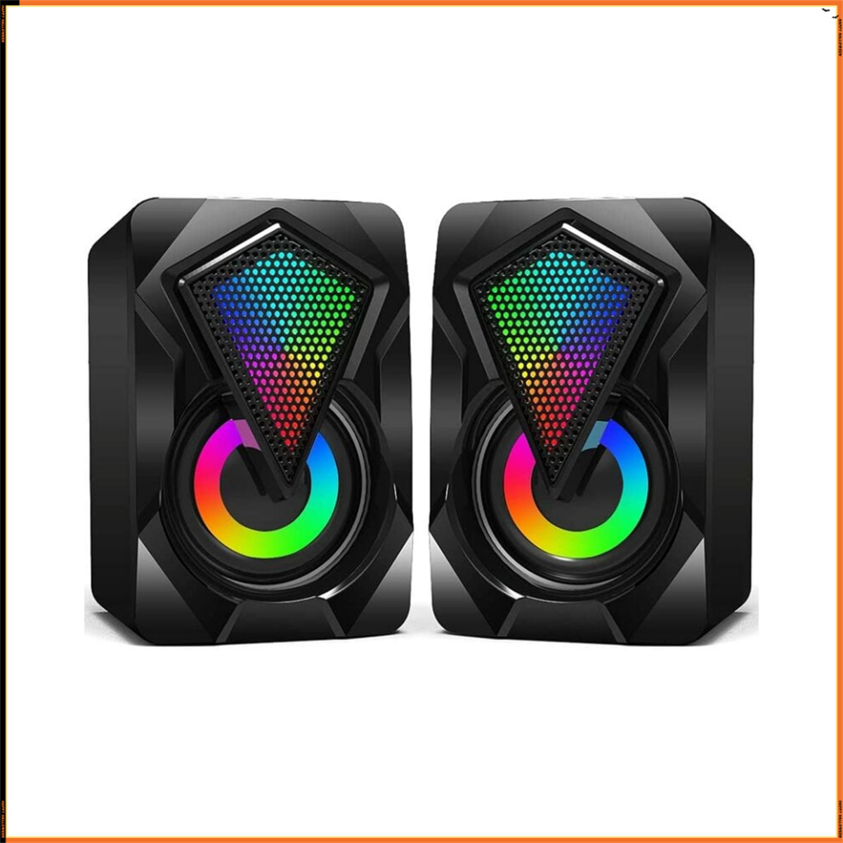 Zwei schwarze Lautsprecher mit regenbogenfarbenen Gittern.