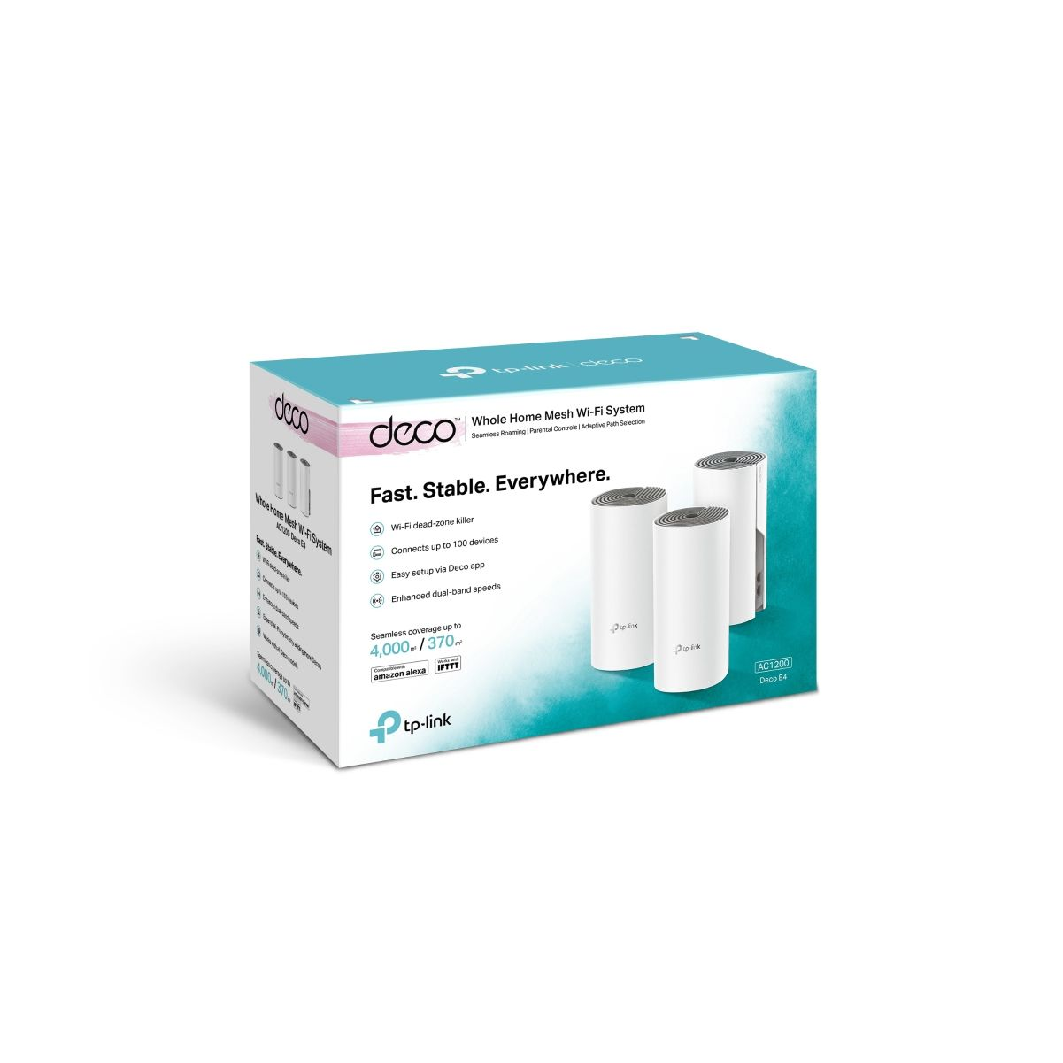 Pudełko z systemem Wi-Fi, z trzema białymi cylindrycznymi urządzeniami. Tekst: Szybki. Stabilny. Wszędzie.