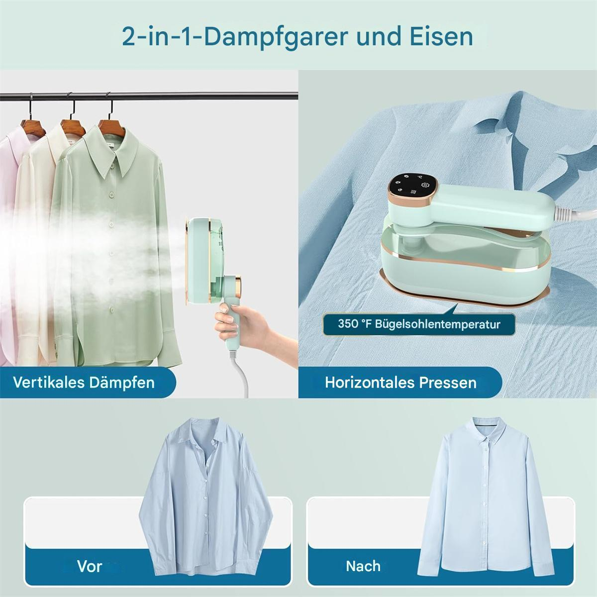 2-in-1 Dampfgarer und B ügeleisen, zeigt vertikales Dampfen und horizontales Pressen von Hemden.