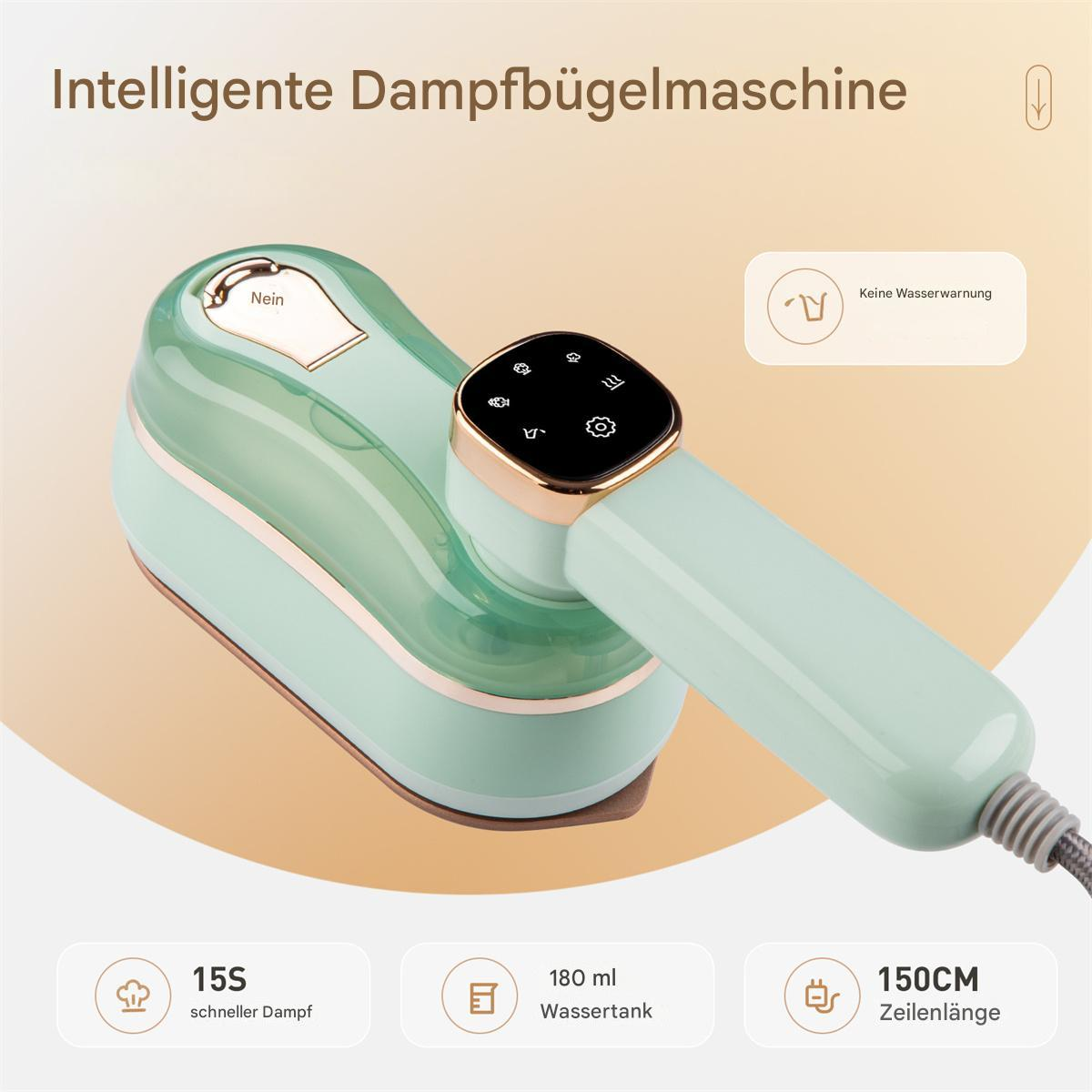 Ein mintgrüner tragbarer Dampfer mit in Deutsch beschrifteten Details, auf weißem Hintergrund.
