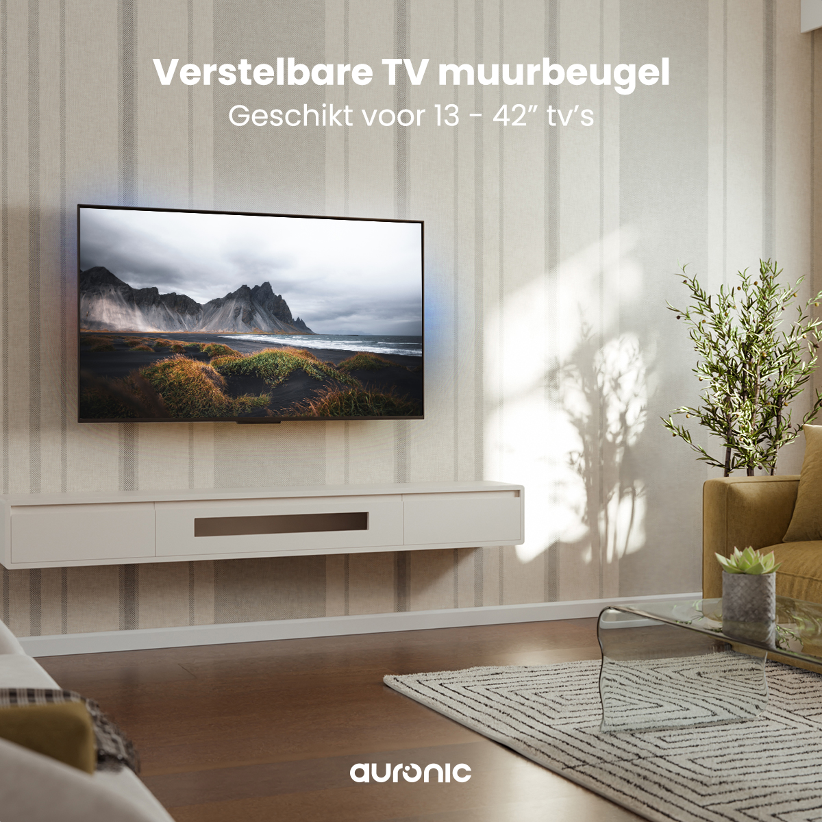 A TV mounted on a wall above a white shelf. A plant and a rug with a scenic background.