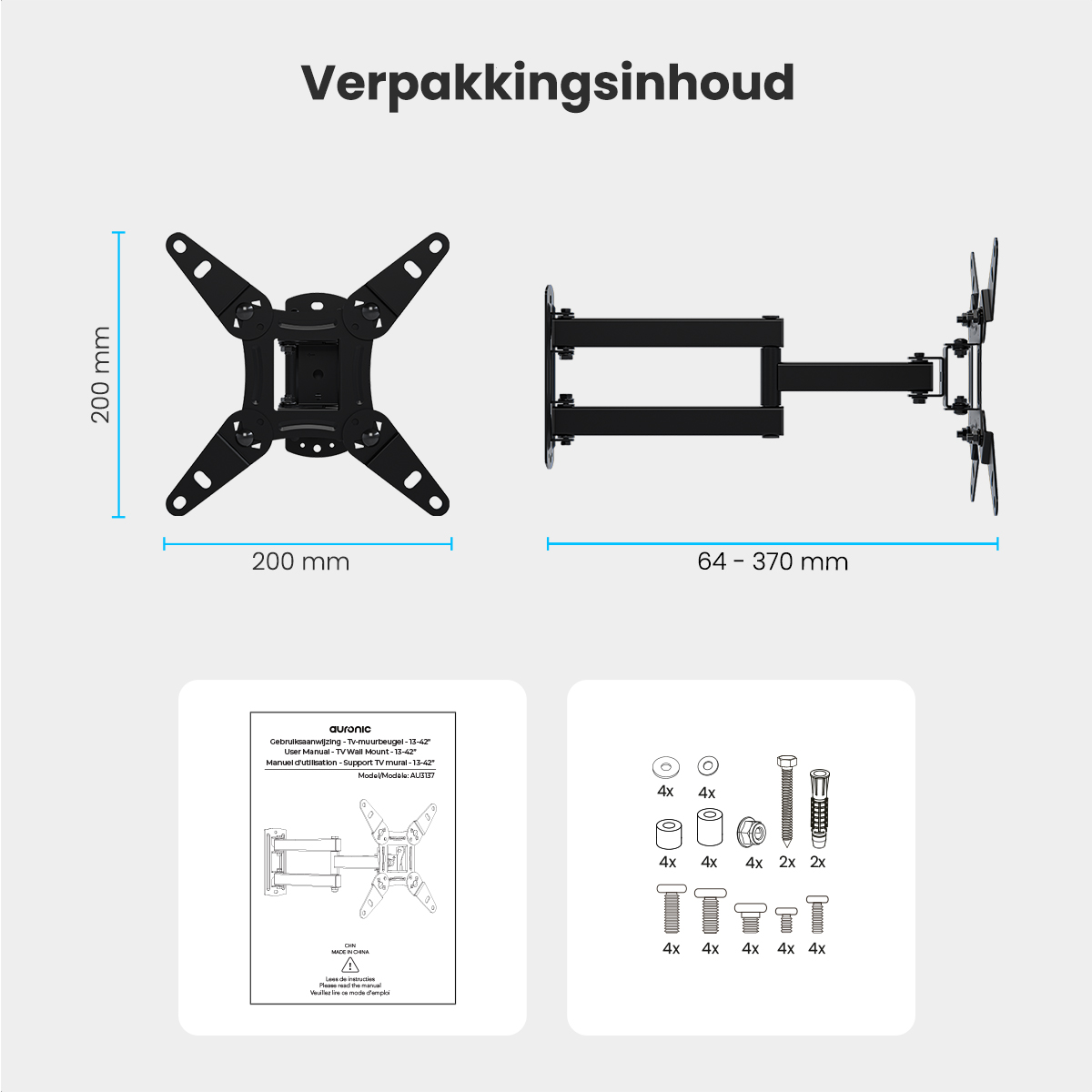 Black TV mount components, dimensions, and a manual on a white background.
