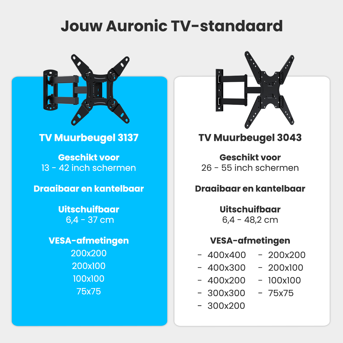 Two black TV wall mounts with specifications. One for 13-42 inch screens, one for 26-55 inch screens.