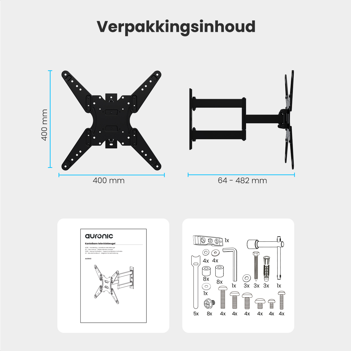 Black TV mount components, dimensions, and a manual on a white background.