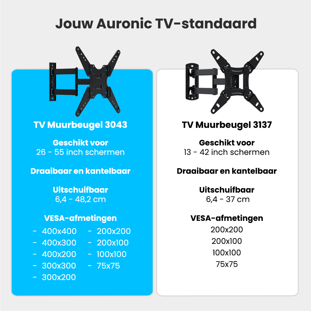 Two TV wall mounts with specifications.  One for 26-55 inch screens, the other for 13-42 inch screens.