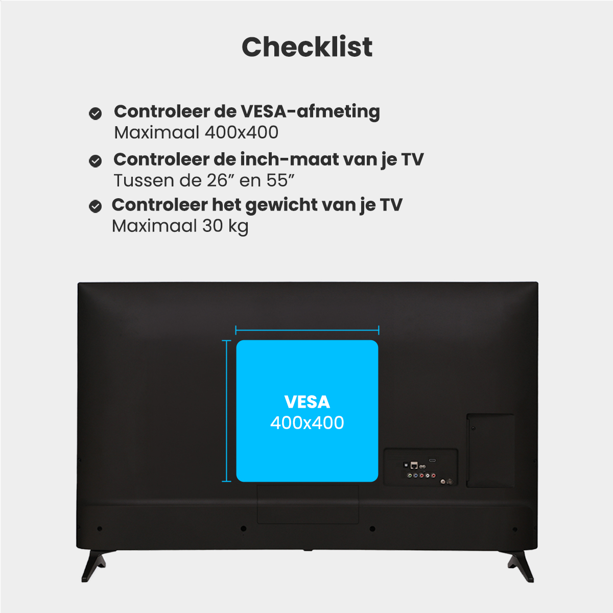 TV checklist, with VESA, inch size, and weight. Black TV on a white background.